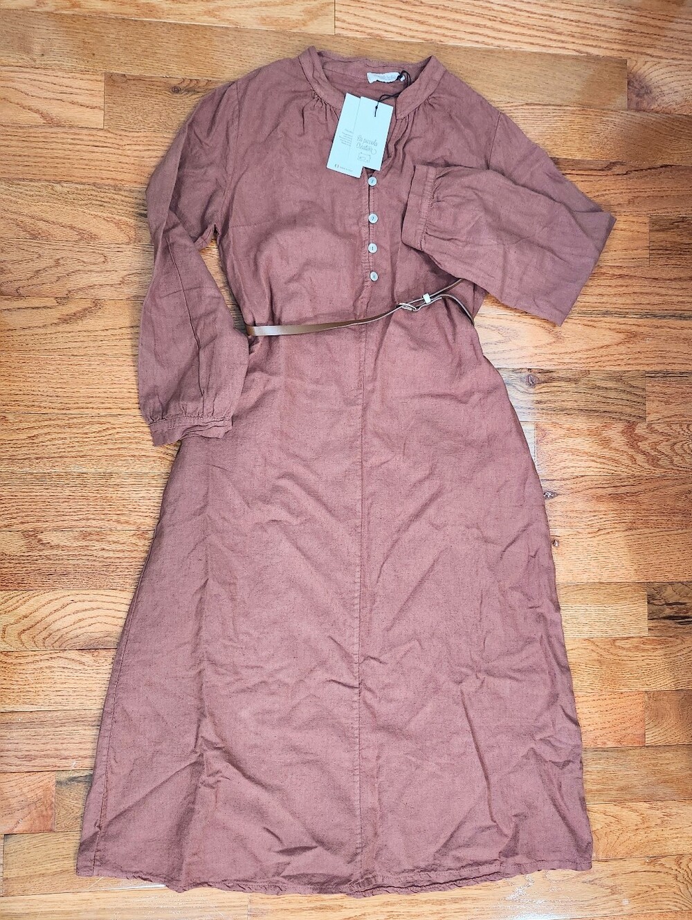 Linen Cotton Blend Women's Rustic Brown Long Sleeve Midi Dress
